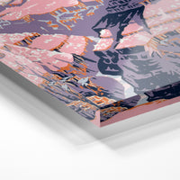 Gros plan de la matière : le tirage sous verre acrylique, tranche transparente visible.