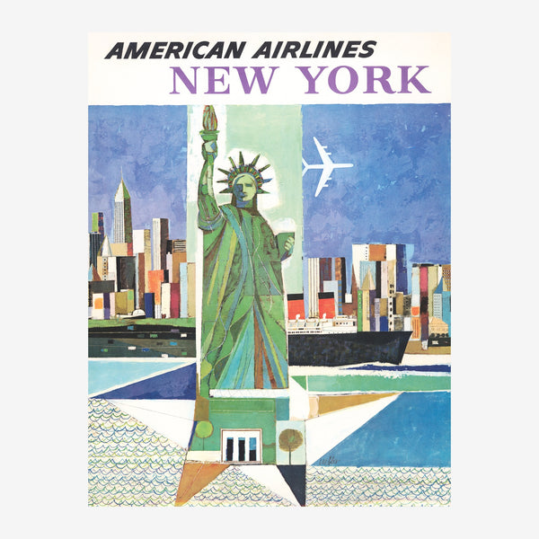 Affiche vintage New York American Airlines montrant quatre scènes : la Statue de la Liberté, les gratte-ciels de Manhattan.