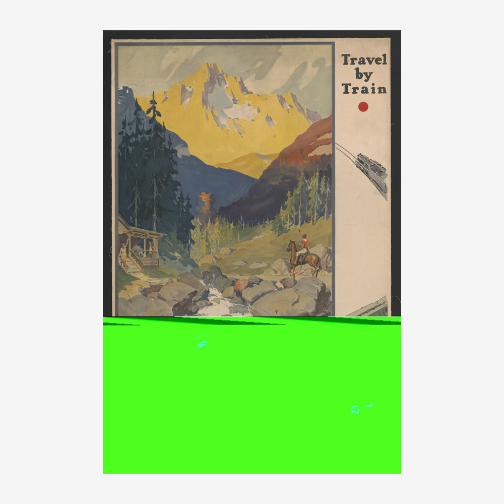Affiche vintage de voyage en train montrant une vallée de montagne avec forêts de sapins, un pic doré illuminé et une bande.