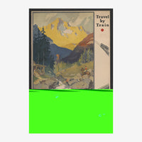 Affiche vintage de voyage en train montrant une vallée de montagne avec forêts de sapins, un pic doré illuminé et une bande.