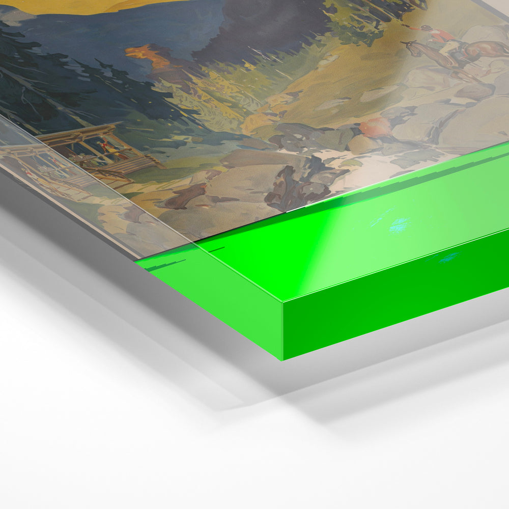 Gros plan de la matière : le tirage sous verre acrylique, tranche transparente visible.