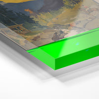 Gros plan de la matière : le tirage sous verre acrylique, tranche transparente visible.