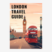 Affiche de voyage montrant un bus à impériale rouge face à Big Ben et aux bâtiments de Westminster, sous un ciel aux teintes.