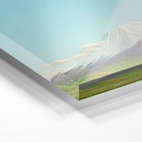 Gros plan de la matière : le tirage sous verre acrylique, tranche transparente visible.