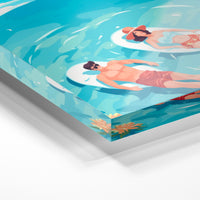 Gros plan de la matière : le tirage sous verre acrylique, tranche transparente visible.