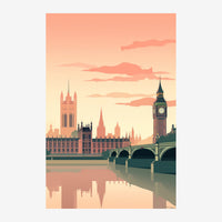 Affiche illustrant un coucher de soleil rose et beige sur des monuments historiques reflétés dans une rivière, avec un pont.