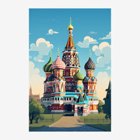 Affiche de style rétro montrant une grande cathédrale aux multiples dômes dorés et ornements colorés, sous un ciel bleu.