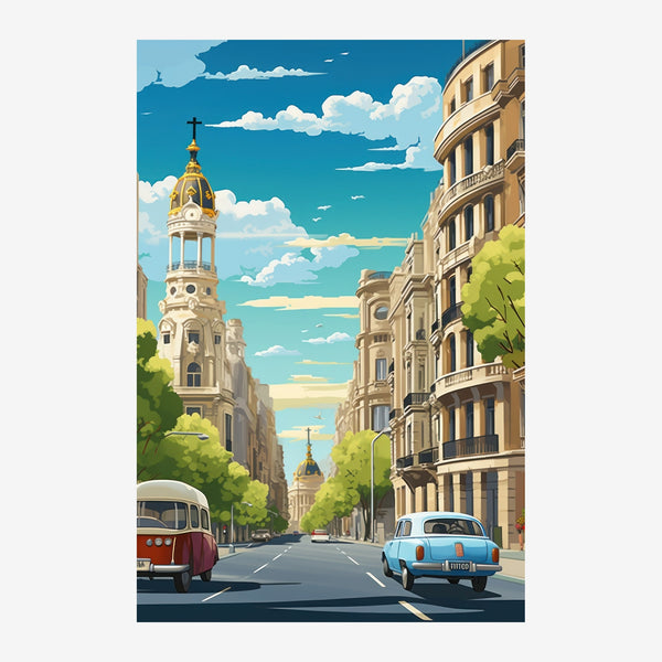 Rue ensoleillée aux églises et voitures rétro — Toile sur châssis