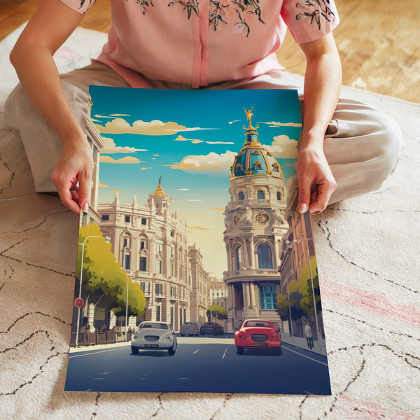 Avenue classique, tour dorée et ciel bleu — Poster HP mat