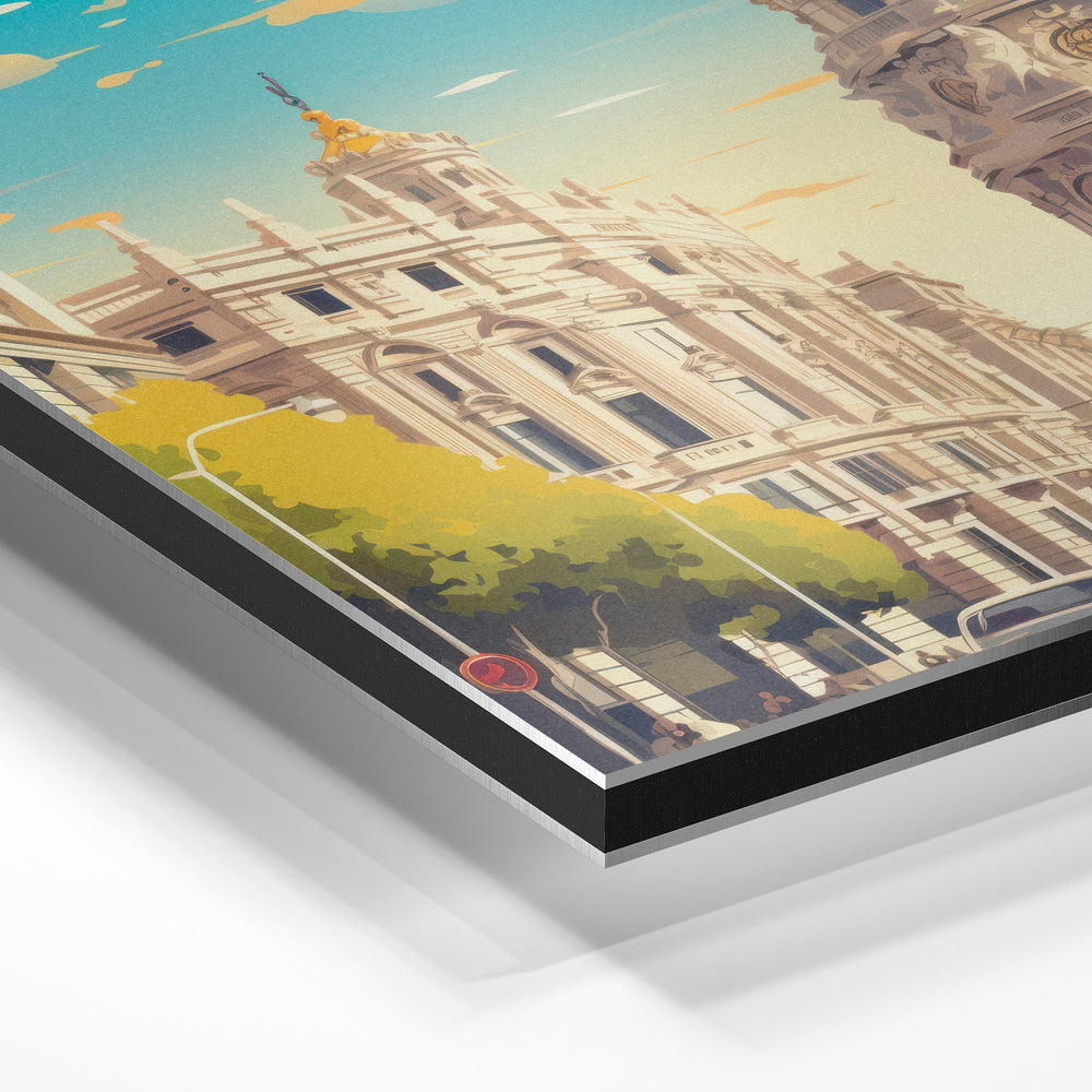 Gros plan de la matière : le tirage contrecollé sur aluminium Dibond mat, tranche visible.