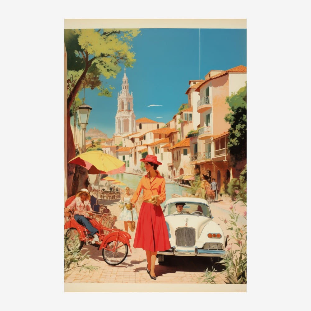 Affiche vintage représentant une femme en robe rouge et chapeau jaune devant une automobile blanche dans une ruelle.