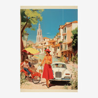 Affiche vintage représentant une femme en robe rouge et chapeau jaune devant une automobile blanche dans une ruelle.