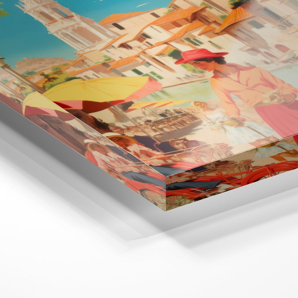 Gros plan de la matière : le tirage sous verre acrylique, tranche transparente visible.