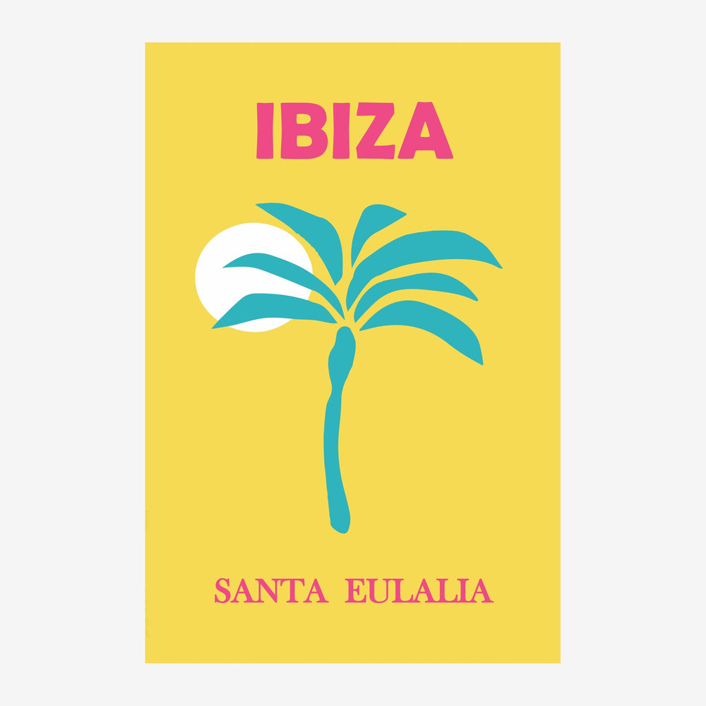 Affiche vintage avec le mot « Ibiza » en lettres roses en haut et « Santa Eulalia » en bas, au centre un palmier stylisé.