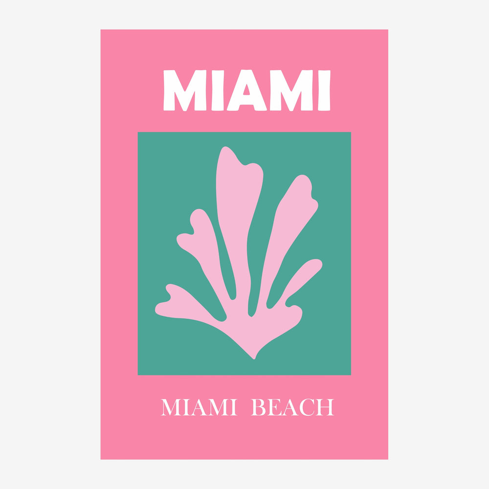 Affiche rose et turquoise représentant Miami Beach avec lettres blanches et une forme botanique stylisée en rose clair sur.