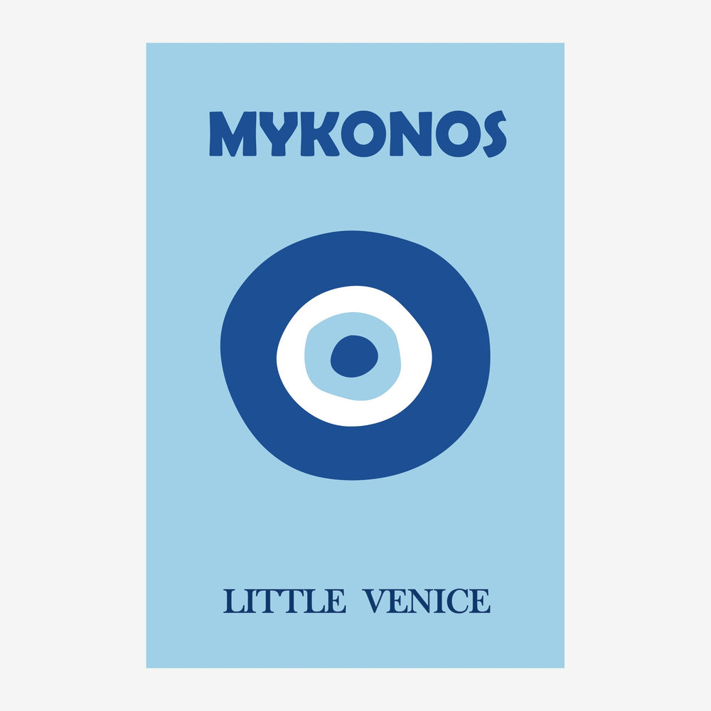 Affiche vintage bleu ciel représentant un œil turc stylisé avec le texte « Mykonos » en haut et « Little Venice » en bas.