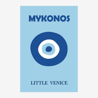 Affiche vintage bleu ciel représentant un œil turc stylisé avec le texte « Mykonos » en haut et « Little Venice » en bas.
