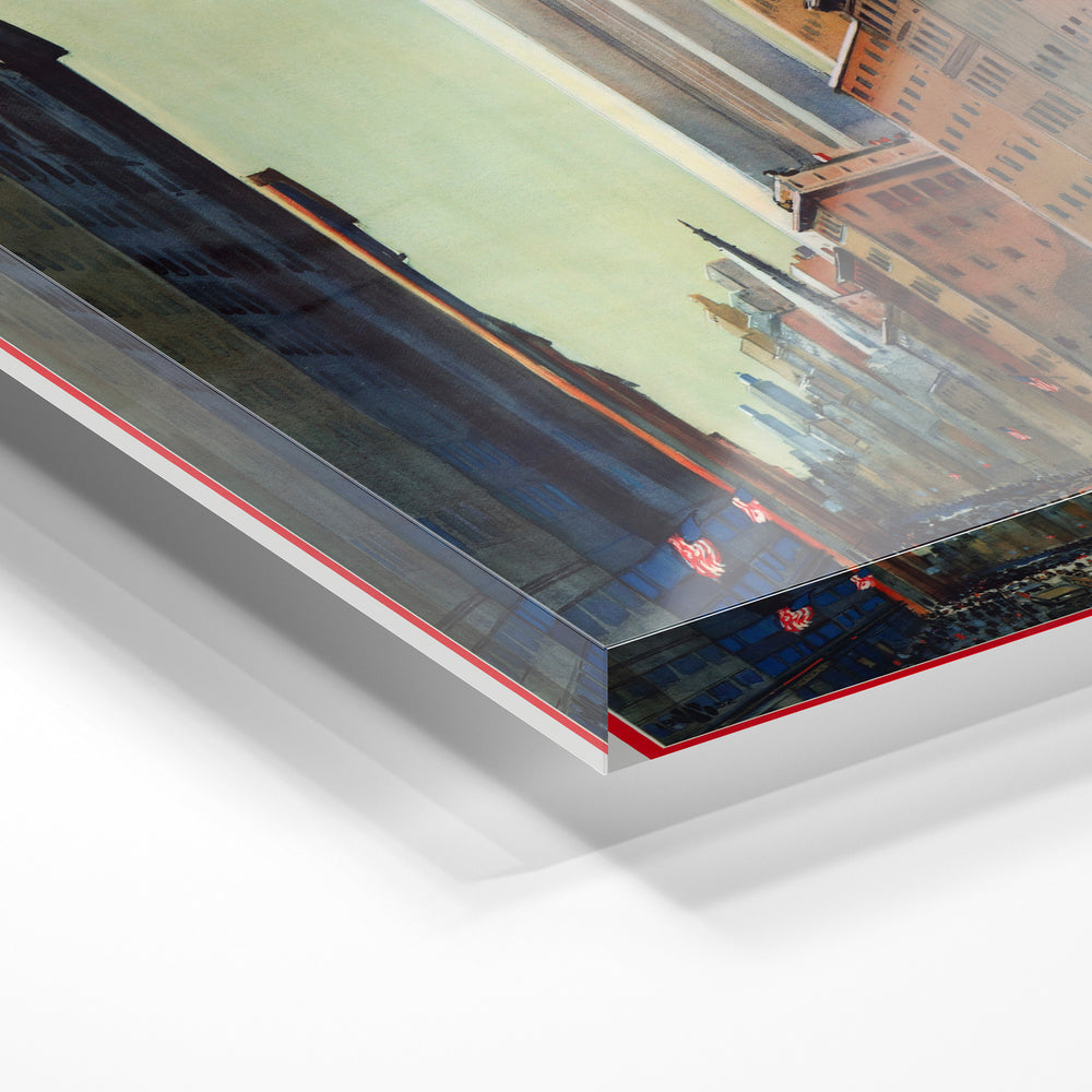 Gros plan de la matière : le tirage sous verre acrylique, tranche transparente visible.