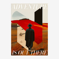 Affiche minimaliste représentant un personnage en silhouette noire face à un paysage désertique aux teintes beige et ocre.