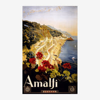 Affiche vintage représentant un paysage côtier avec des falaises jaunes, des maisons blanches en terrasses, la mer bleue et.