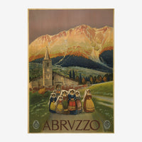 Affiche vintage représentant une vallée alpine avec un clocher blanc, des montagnes dorées en arrière-plan et des femmes en.
