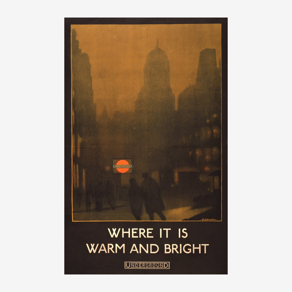 Affiche vintage en teintes terracotta et noir montrant la silhouette de gratte-ciels au crépuscule, avec des silhouettes de.