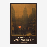 Affiche vintage en teintes terracotta et noir montrant la silhouette de gratte-ciels au crépuscule, avec des silhouettes de.