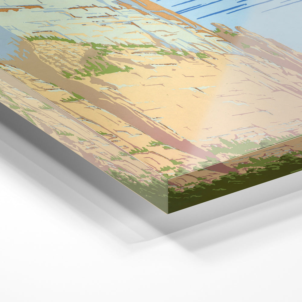 Gros plan de la matière : le tirage sous verre acrylique, tranche transparente visible.