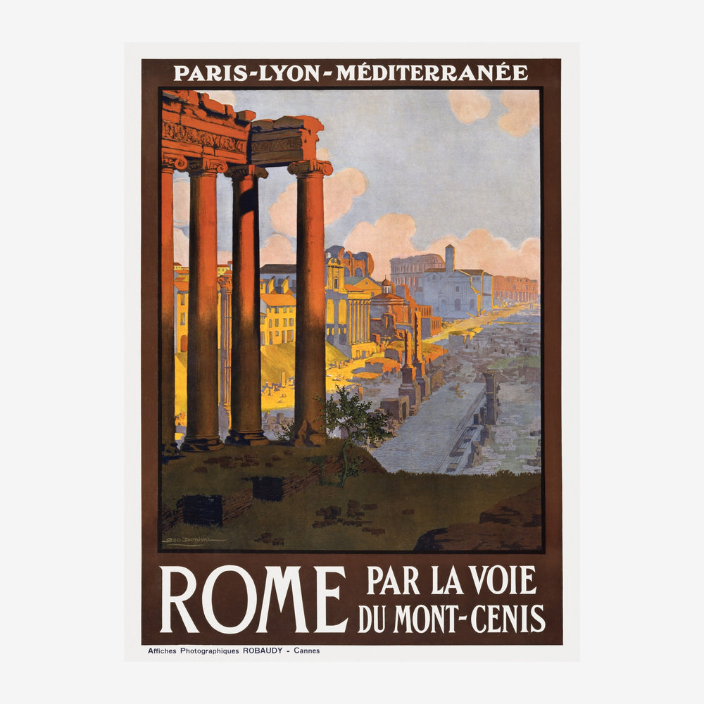 Affiche de voyage vintage montrant des colonnes antiques dorées au premier plan, encadrant une vue de Rome avec ses.