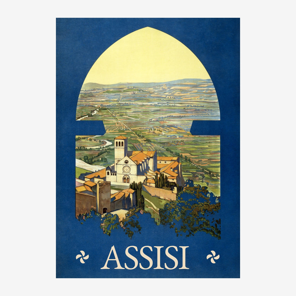 Affiche de voyage vintage représentant une basilique aux toits ocre encadrée par une arche, avec paysage vallonné vert en.