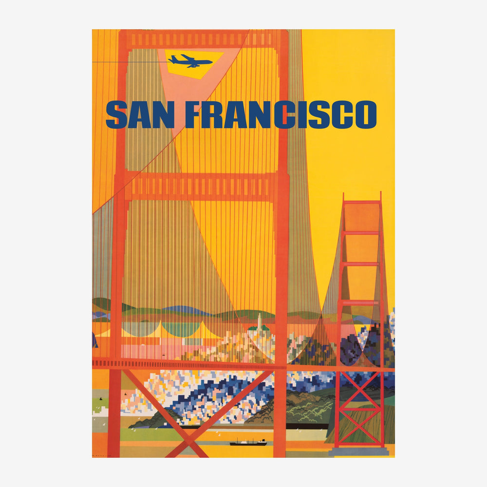 Affiche art déco représentant le Golden Gate Bridge de San Francisco en rouge sur fond jaune avec géométries stylisées et un.