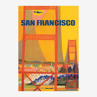 Affiche art déco représentant le Golden Gate Bridge de San Francisco en rouge sur fond jaune avec géométries stylisées et un.