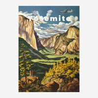Affiche de voyage vintage montrant la vallée de Yosemite avec des falaises jaunes striées, des forêts de sapins, deux.