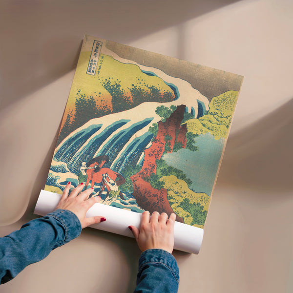 Cascade et chevaux dans la montagne, estampe asiatique — Poster HP mat