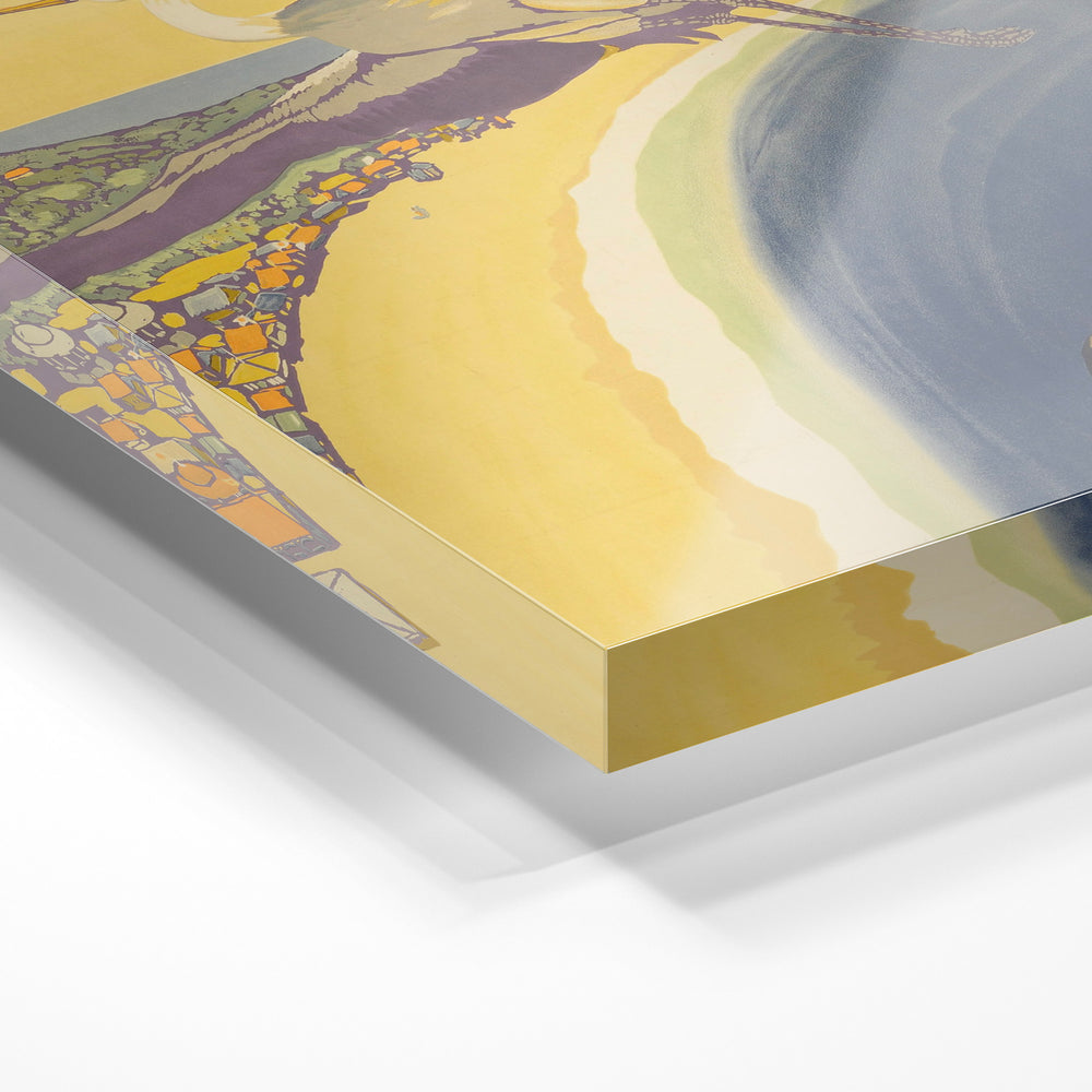 Gros plan de la matière : le tirage sous verre acrylique, tranche transparente visible.
