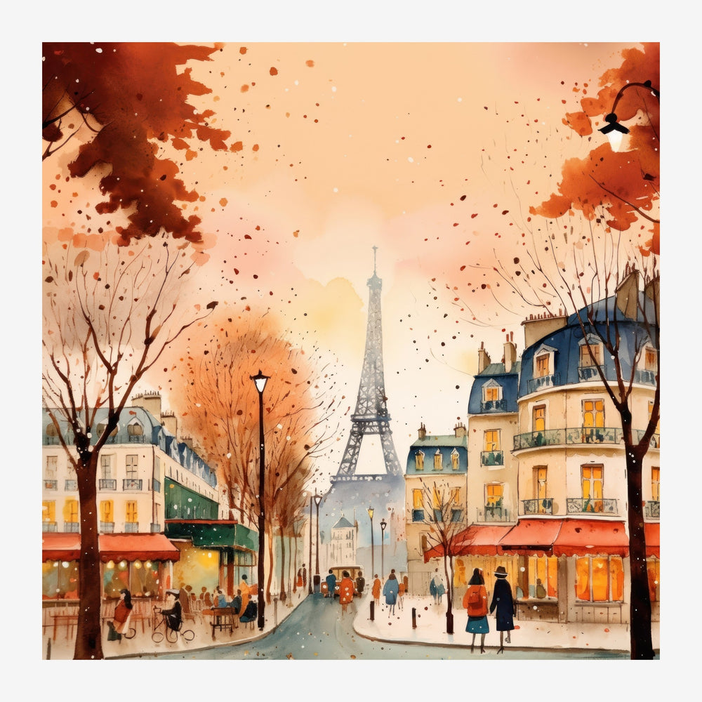 Illustration d'une avenue parisienne en automne avec la Tour Eiffel au centre, bâtiments haussmanniens colorés, arbres aux.