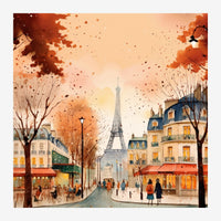 Illustration d'une avenue parisienne en automne avec la Tour Eiffel au centre, bâtiments haussmanniens colorés, arbres aux.