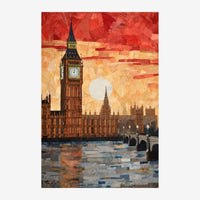 Affiche illustrant Big Ben et le Parlement dans un style géométrique avec un ciel ocre-rouge et une Tamise stylisée en.