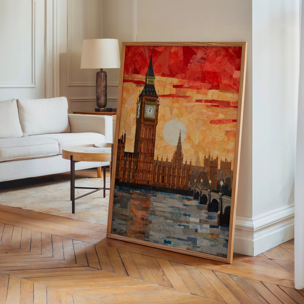 Le tableau accroché en situation dans un intérieur meublé.