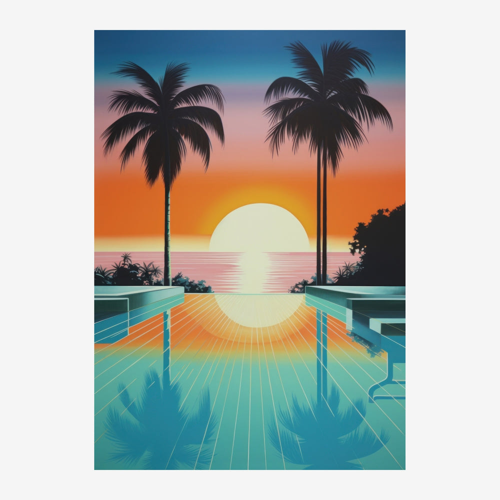 Affiche rétro représentant un coucher de soleil doré sur l'océan vu depuis une terrasse avec deux palmiers, ciel bleu et.