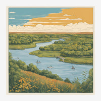 Paysage stylisé montrant une rivière serpentant à travers une vallée boisée, avec des voiliers, une prairie fleurie au.