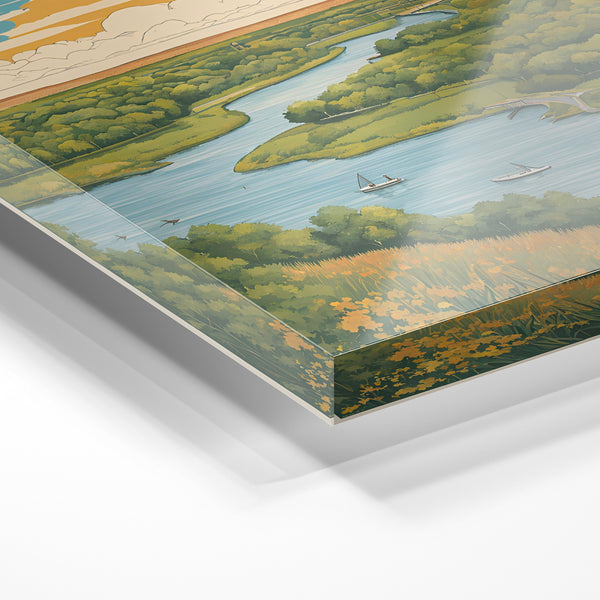 Rivière sinueuse, vallée verte et ciel d'or — Verre acrylique