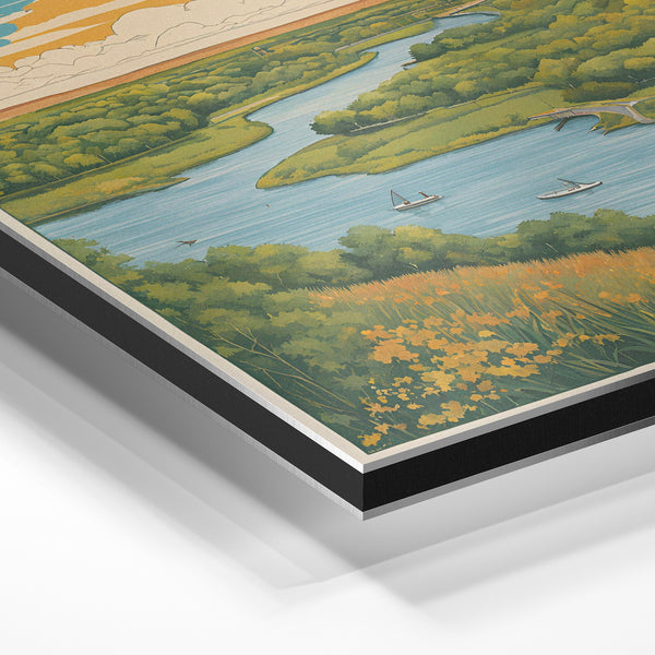 Rivière sinueuse, vallée verte et ciel d'or — Aluminium Dibond