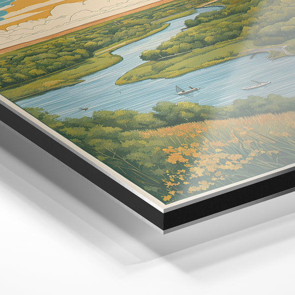 Rivière sinueuse, vallée verte et ciel d'or — Aluminium Dibond relief 3D