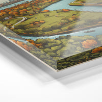 Gros plan de la matière : le tirage sous verre acrylique, tranche transparente visible.