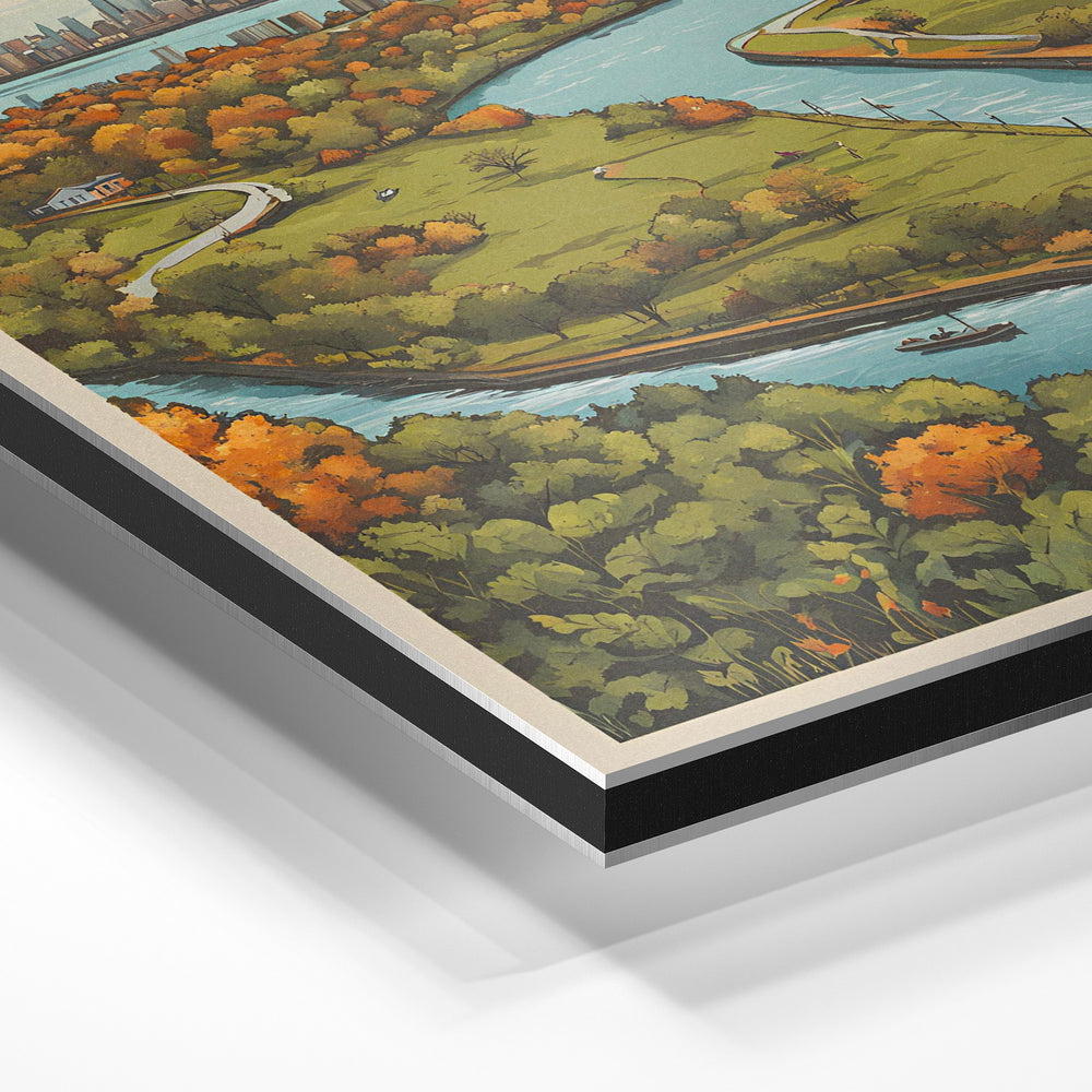 Gros plan de la matière : le tirage contrecollé sur aluminium Dibond mat, tranche visible.