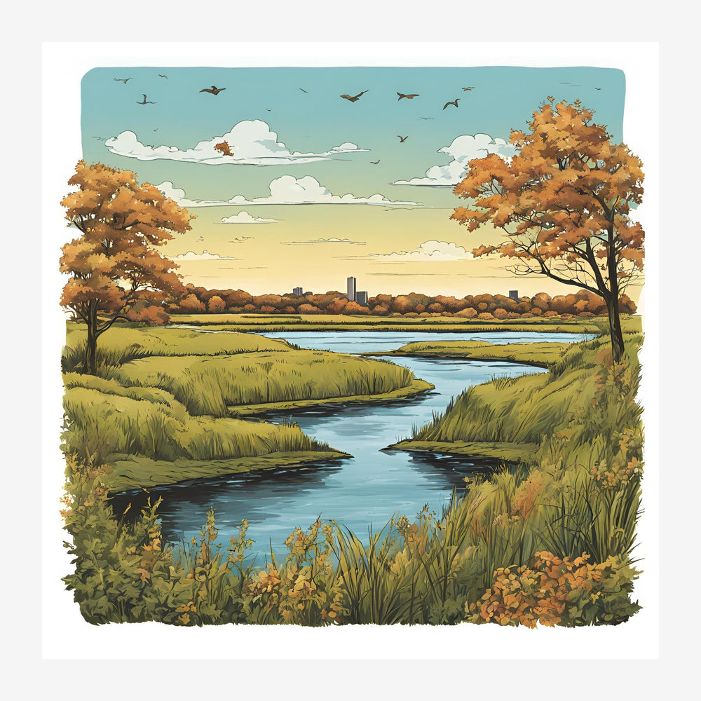 Paysage d'automne avec une rivière sinueuse entourée d'arbres aux feuillages orangés, ciel bleu dégradé avec nuages blancs.