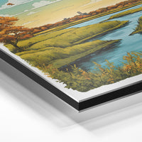 Gros plan de la matière : le tirage contrecollé sur aluminium Dibond mat, tranche visible.