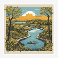 Illustration d'une rivière serpentine bordée de verdure dense, avec une barque sur l'eau et des arbres aux feuilles dorées.