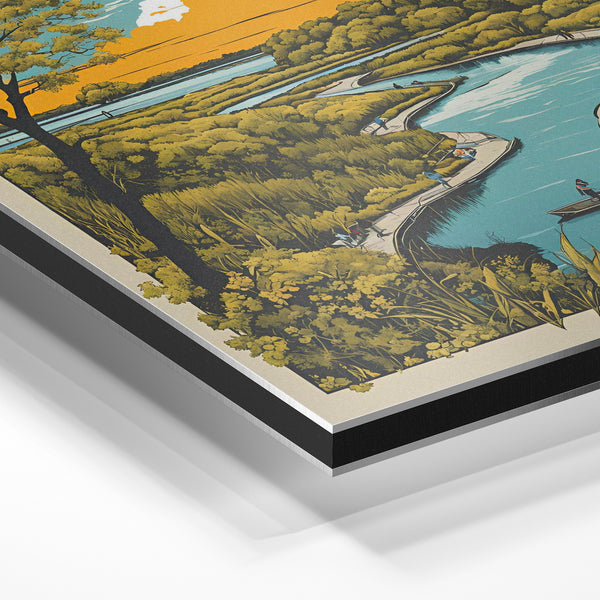 Rivière et prairies verdoyantes, style affiche vintage — Aluminium Dibond